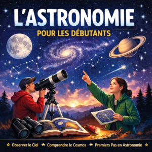 Guidebook d’astronomie pour les débutants — apprendre à observer le ciel, comprendre les constellations et découvrir les planètes. Illustration d’un jeune astronome utilisant un télescope sous un ciel étoilé en France.
