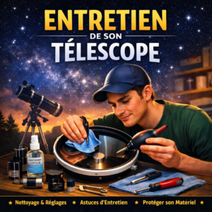 Guidebook sur l’entretien du télescope — nettoyage, réglages et maintenance pour prolonger la durée de vie de l’instrument. Illustration d’un astronome nettoyant le miroir d’un télescope sous un ciel étoilé en France.