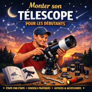 Guide pratique pour monter son télescope — étapes d’assemblage, conseils pour débutants et outils nécessaires. Image d’un passionné d’astronomie installant un télescope dans un décor nocturne français.